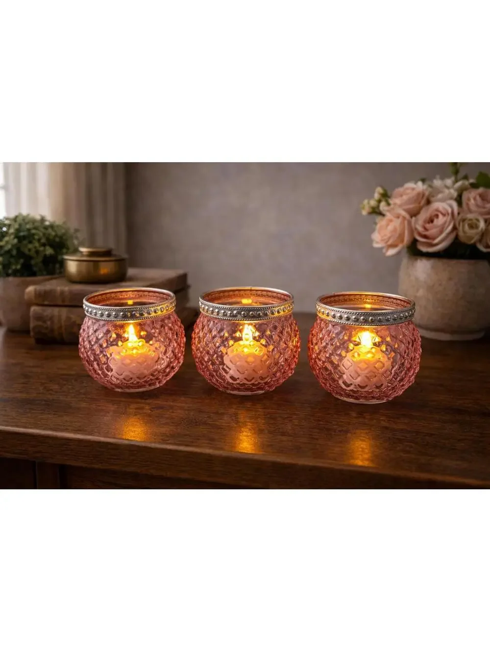 Set of 3 Pink Hobnail Glass Jars/Candle Holders w/Silver Bands